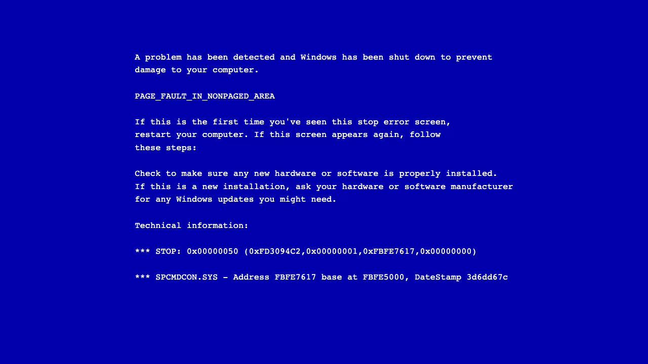 Layar stop error Windows XP palsu dengan PAGE_FAULT_IN_NONPAGED_AREA